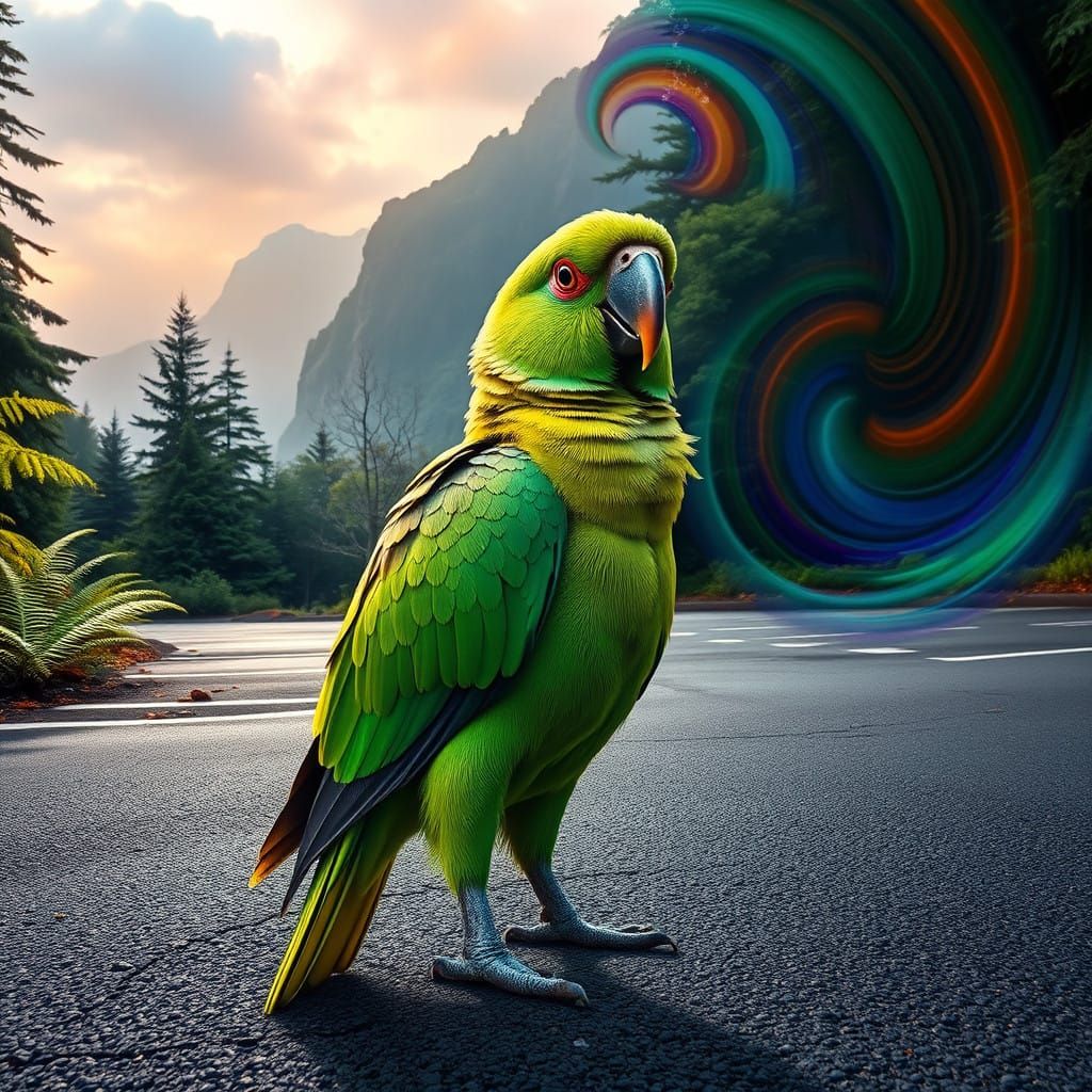A Kea Parrot in Fjordland's Lush Rainforest, in Hyperrealist...