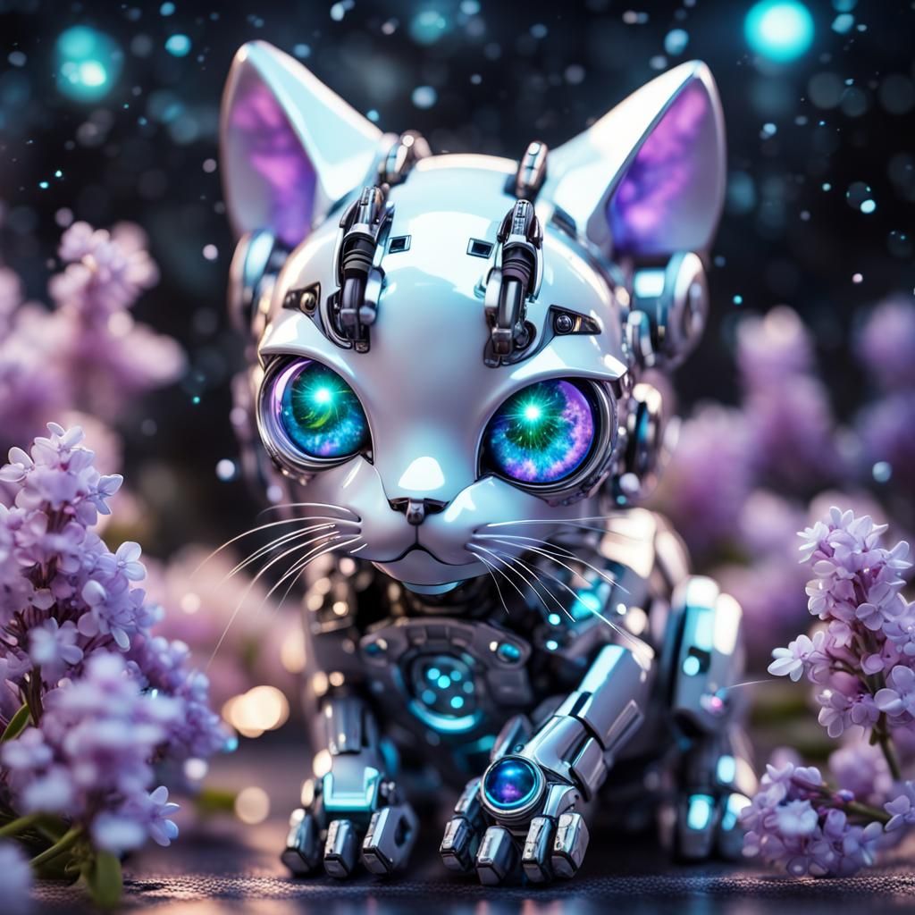 Opalescent Robotic Kitten in Hyperspace, Digital Art