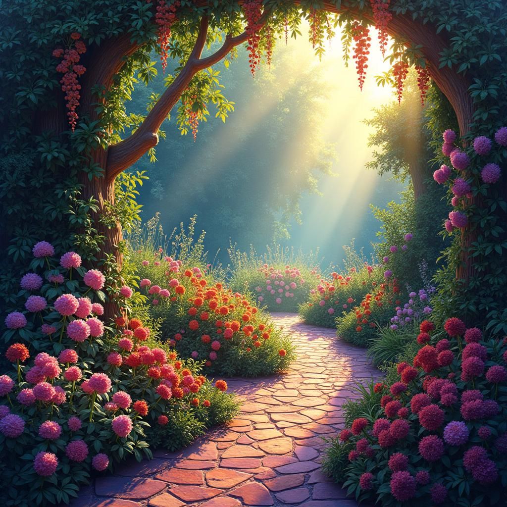 Vibrant Garden Scene in Holographic Astral Cosmic Style