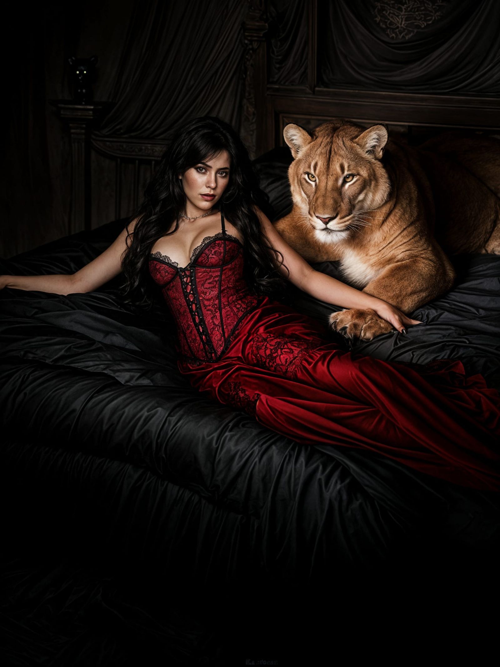 Gothic Woman in Red Corset with Mountain Lion on Bed