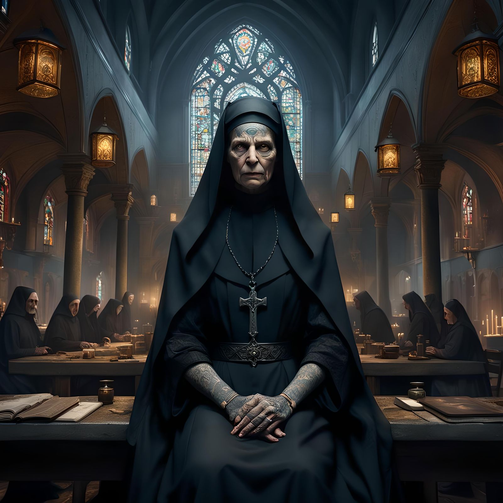 Tattooed Nun in Convent: Dark Fantasy Digital Art