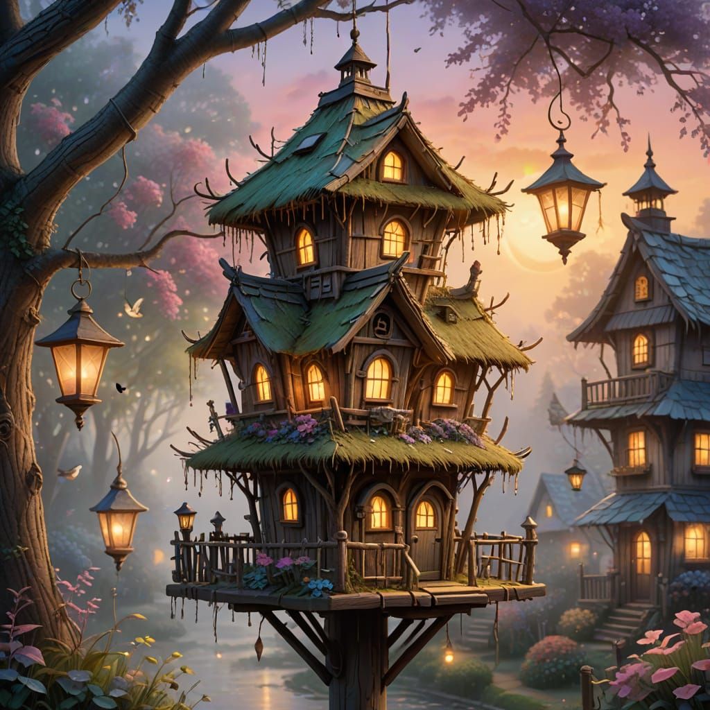 Enchanting Birdhouse on Barber Pole, Ethereal Fantasy