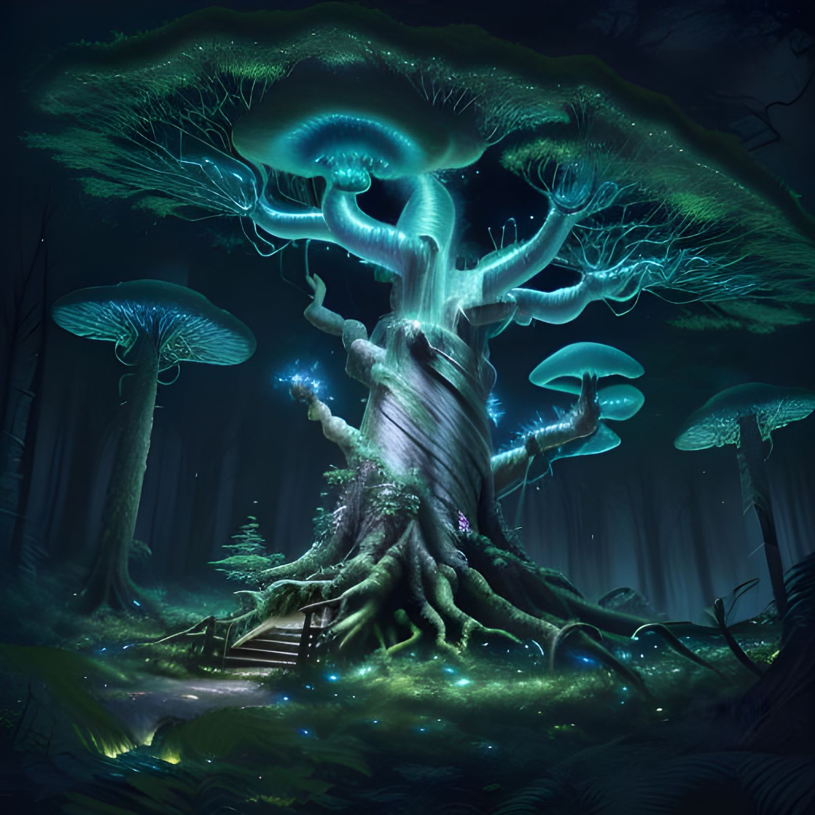 Enchanted Bioluminescent Tree in Summer Night Sky