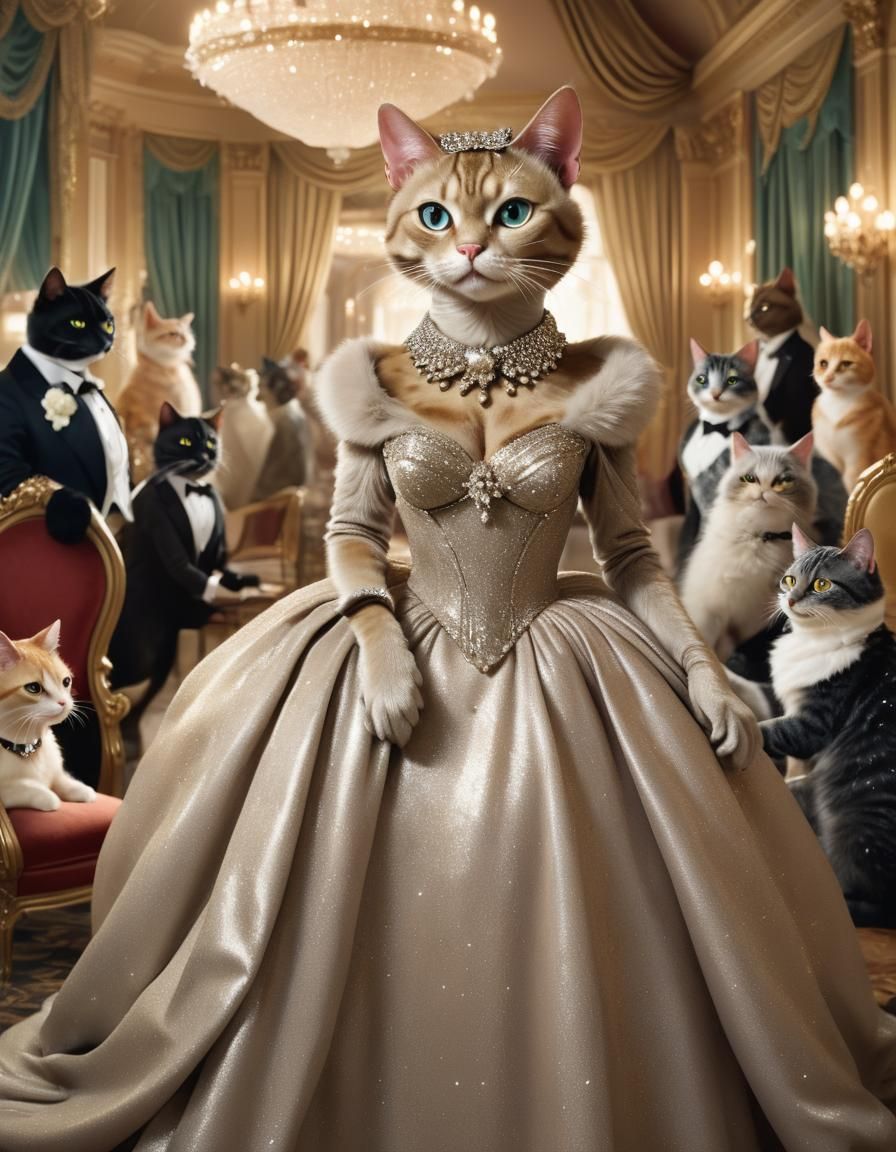 Glamorous Anthropomorphic Cat in Lavish Ballroom