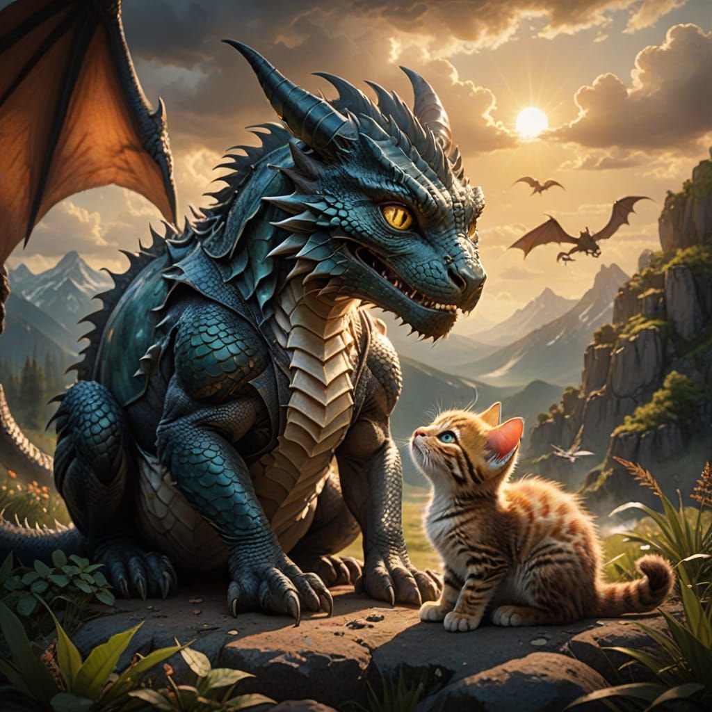 Mother Cat and Dragon Hatchling: A Cinematic Scene