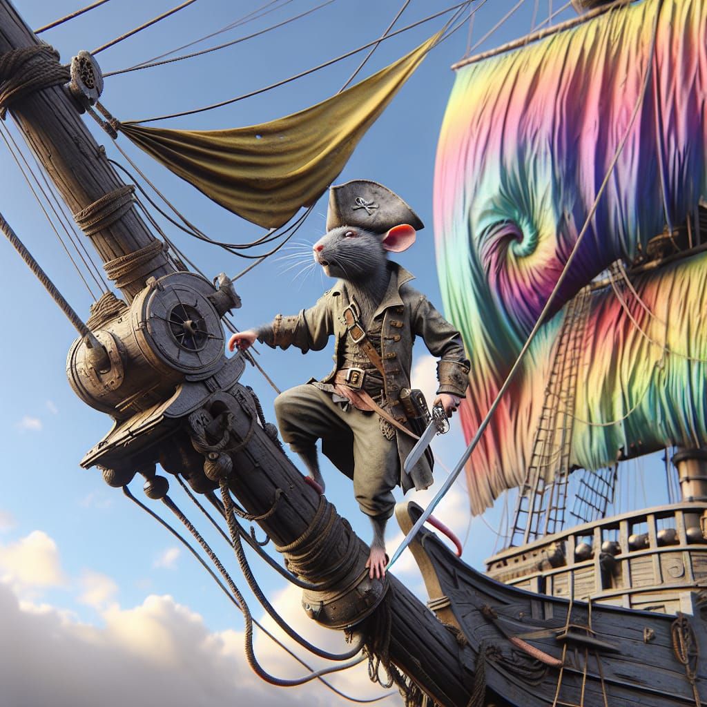 Weather-Worn Rat Pirate on Ship Mast, Surreal Scene