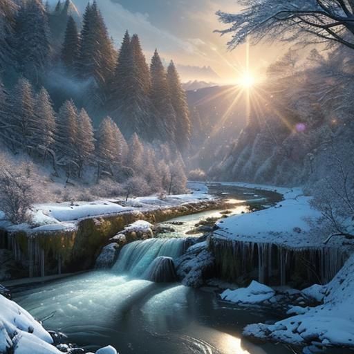 Winter Sunlight on Forest and Hills, Digital Matte Painting