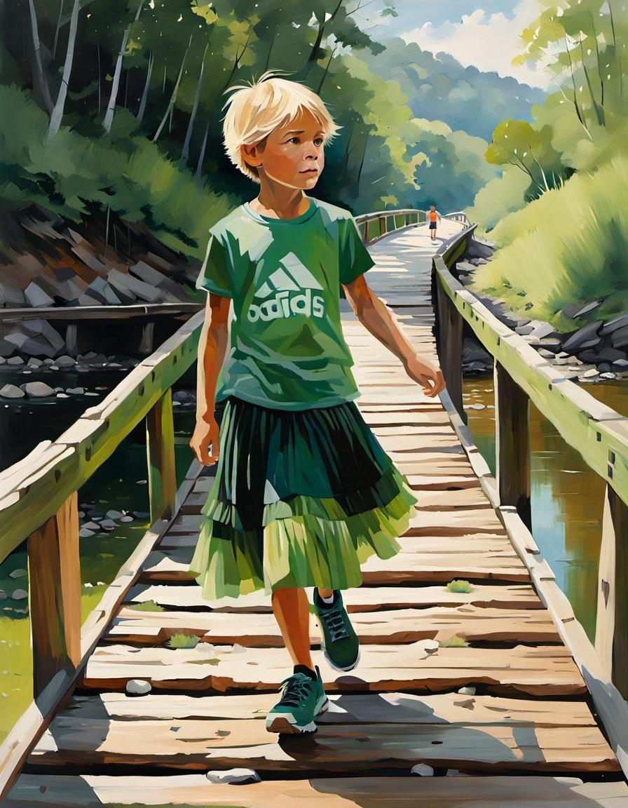 Boy in Skirt on Bridge: Oil Painting