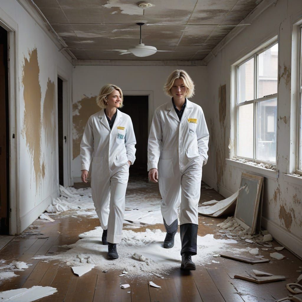 Androgynous Man and Blonde Woman Navigate Renovated Building...