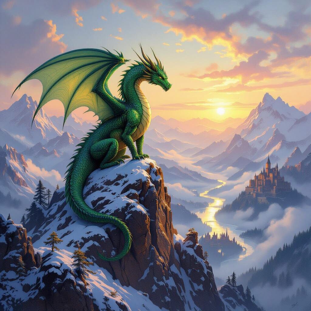 Majestic Dragon Overlooking Valley as Oil Painting