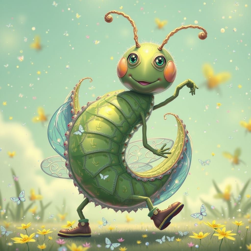Cartoon Caterpillar Tap Dancing in Shoes