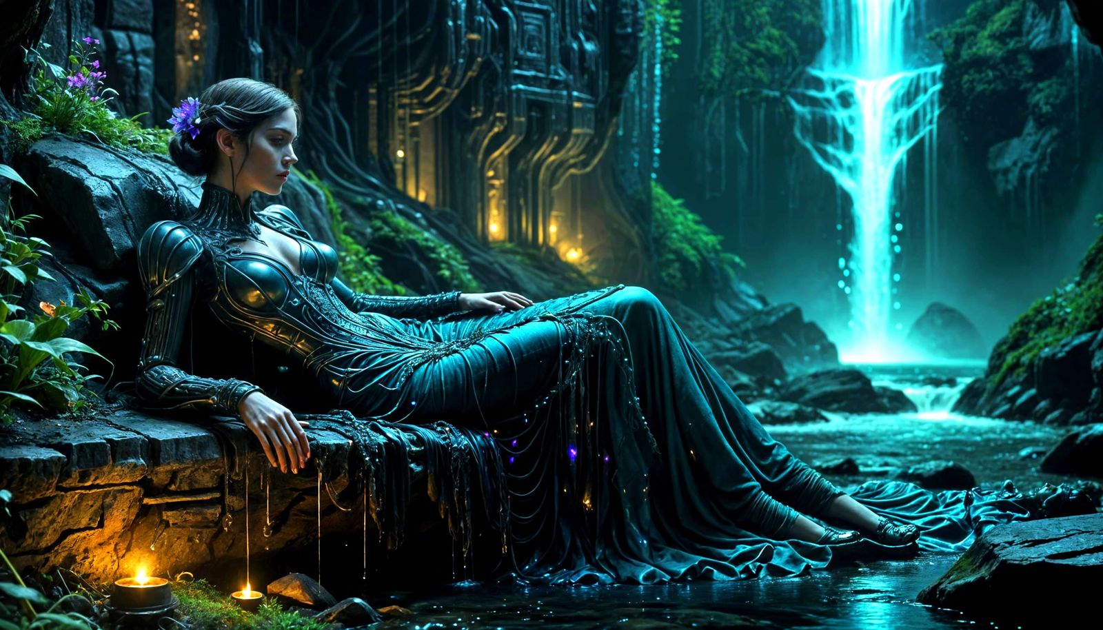 Surreal Goddess in Dieselpunk Cityscape, Bathed in Moonlight