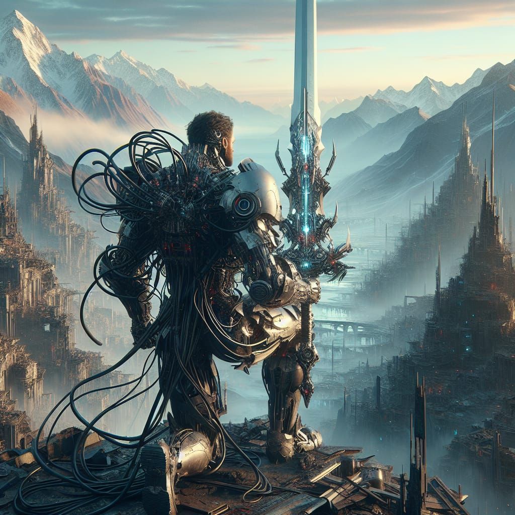 Cyberpunk Knight in Dystopian City Ruins