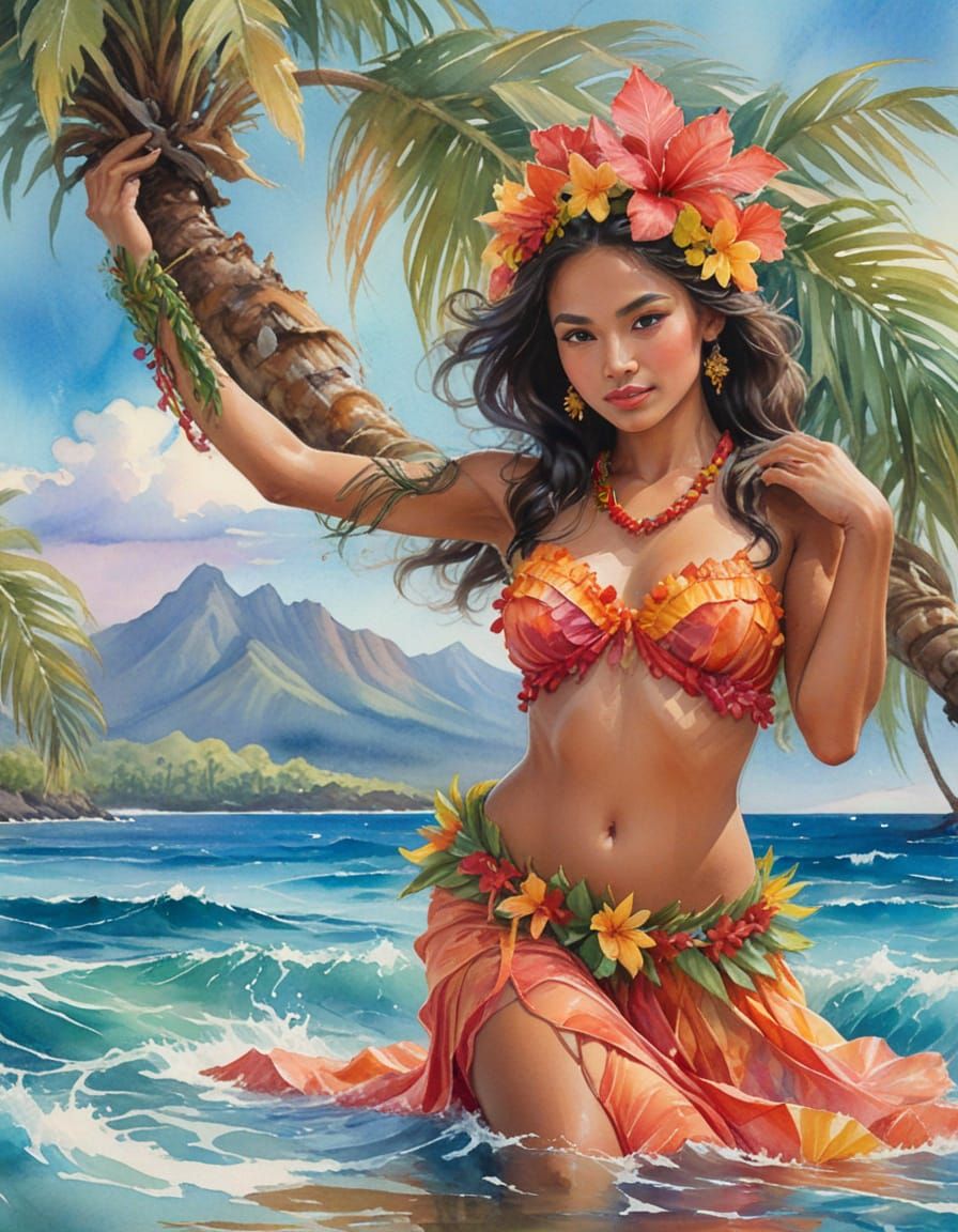 Hula Dancer in Ocean Sunset Watercolor Art