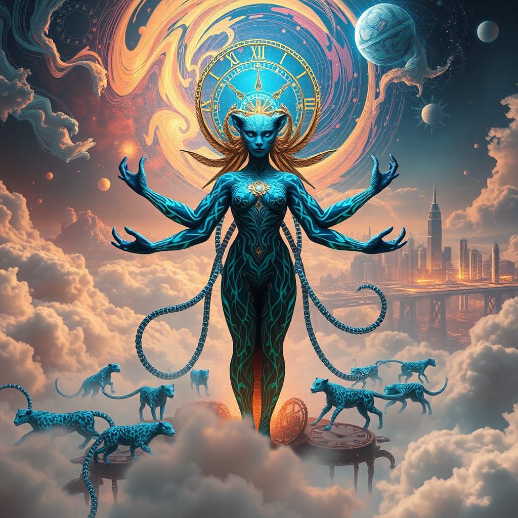 Celestial Being with Six Arms in Surreal Sci-Fi Realm