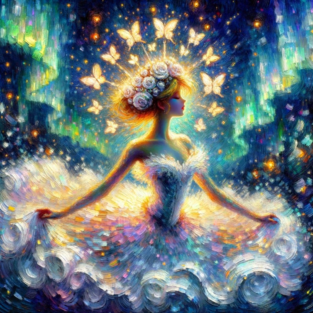 Anime Ballerina in Impressionist Style with Aurora Borealis