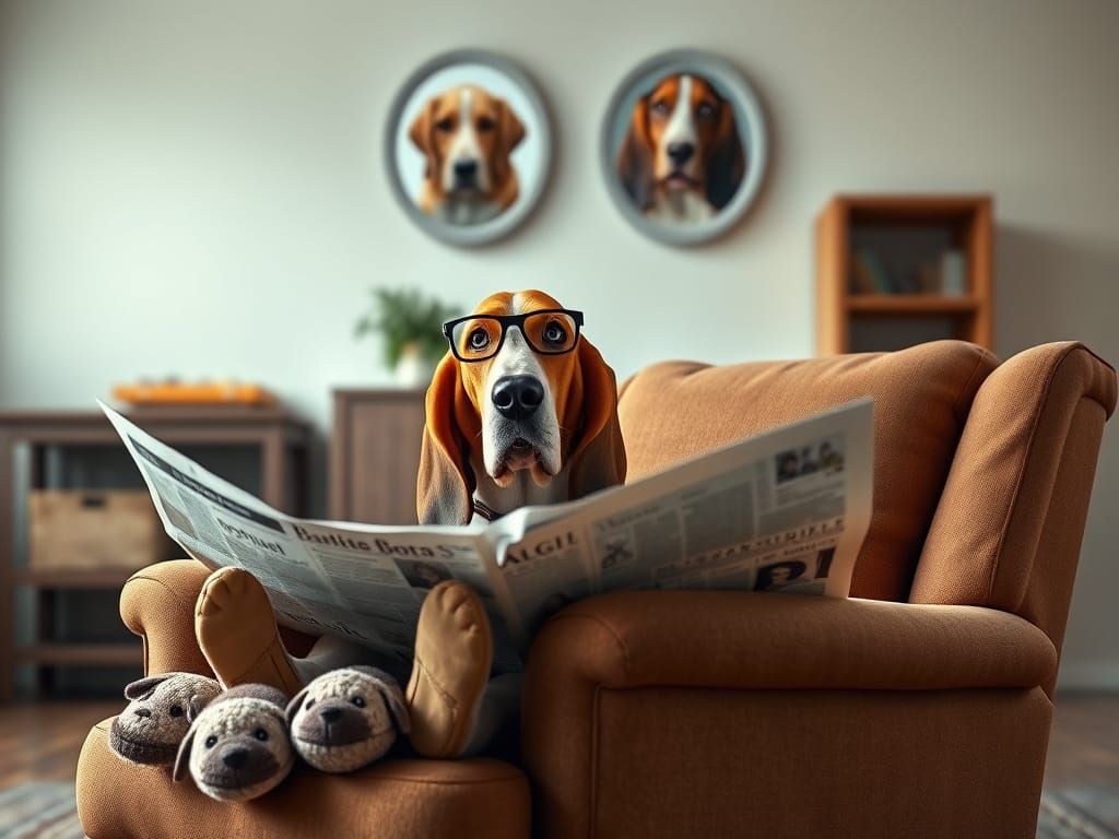 Basset Hound Reads Newspaper in Cozy Recliner