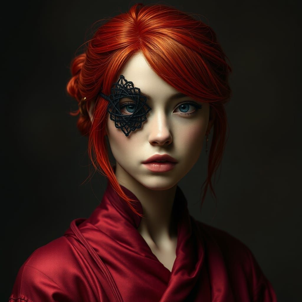 portret of red-haired-woman, wearing a black eyepatch >strin...