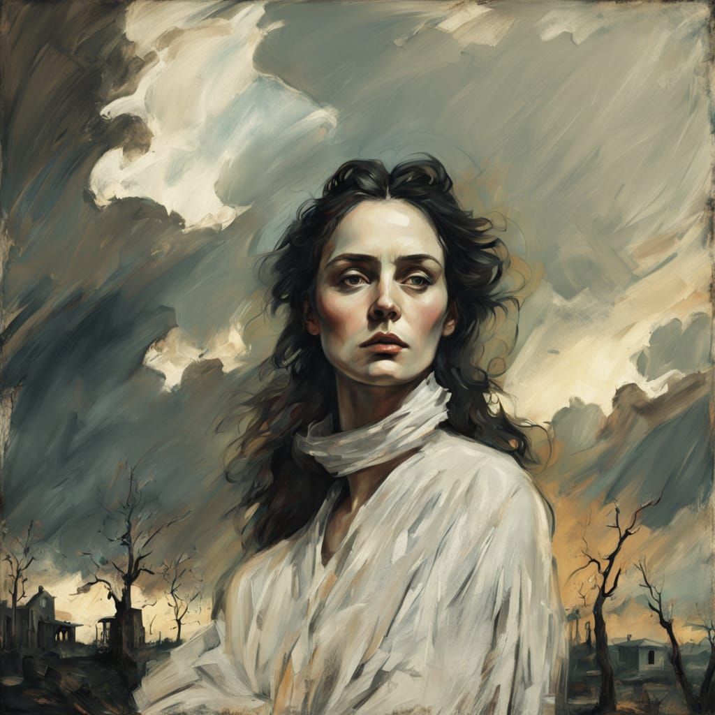 Romanticism Portrait of 2020s Woman with Expressive Brushstr...