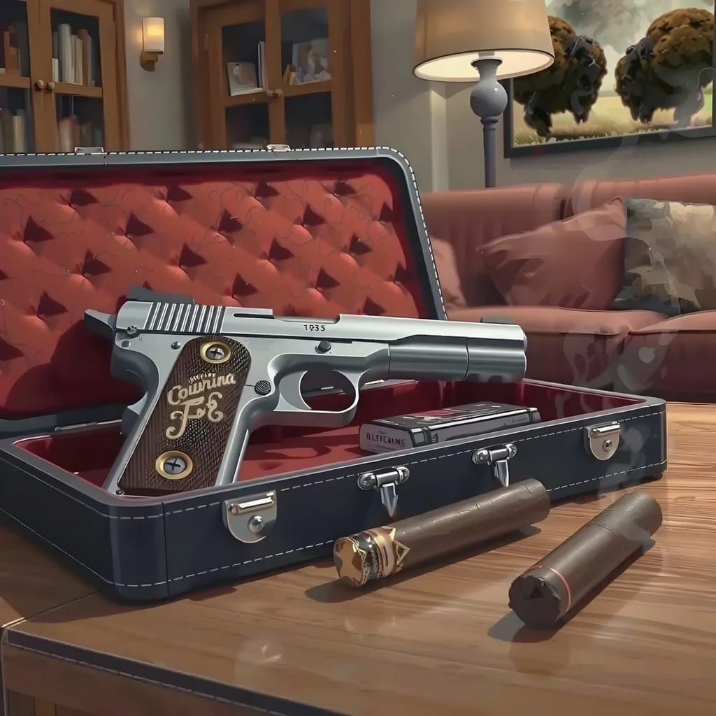 Anime-Inspired Pistol Scene in a Smoldering Living Room