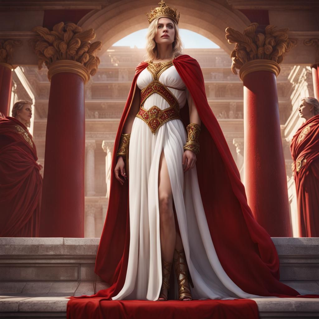 Beautiful Blonde Voluptuous Empress of Rome dressed in Crimson Red and White Robes of State
