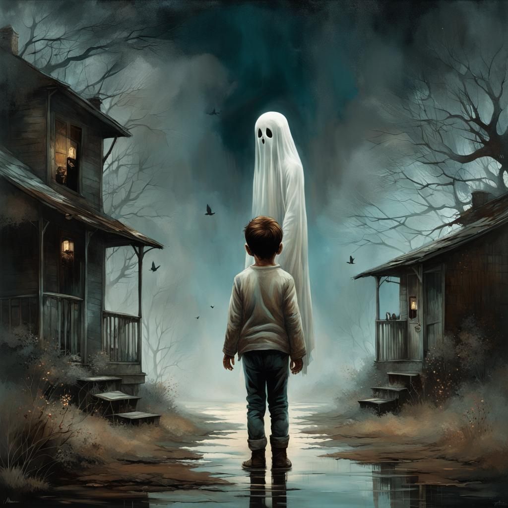 a child who has never met his father sees him as a ghost in a dreamy, emotional, and evocative illustration, with high d...