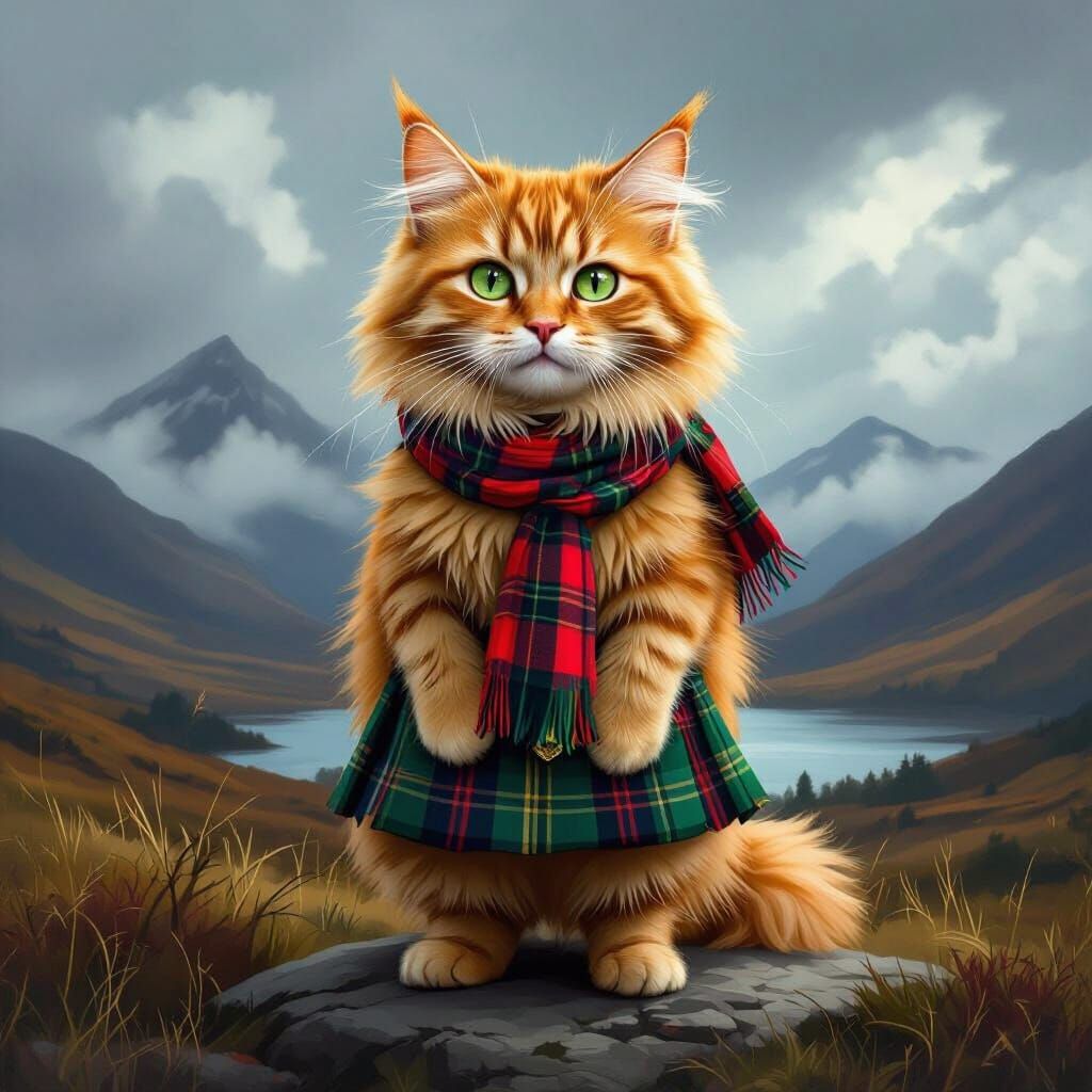Ginger Cat in Kilt on Scottish Highland Digital Painting