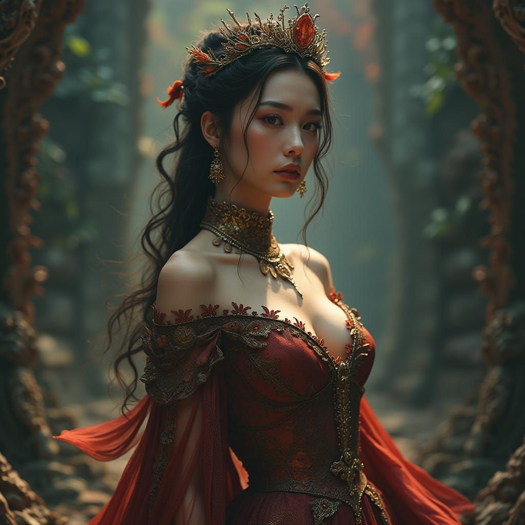 Regally Attired Woman in High-Fantasy Landscapes