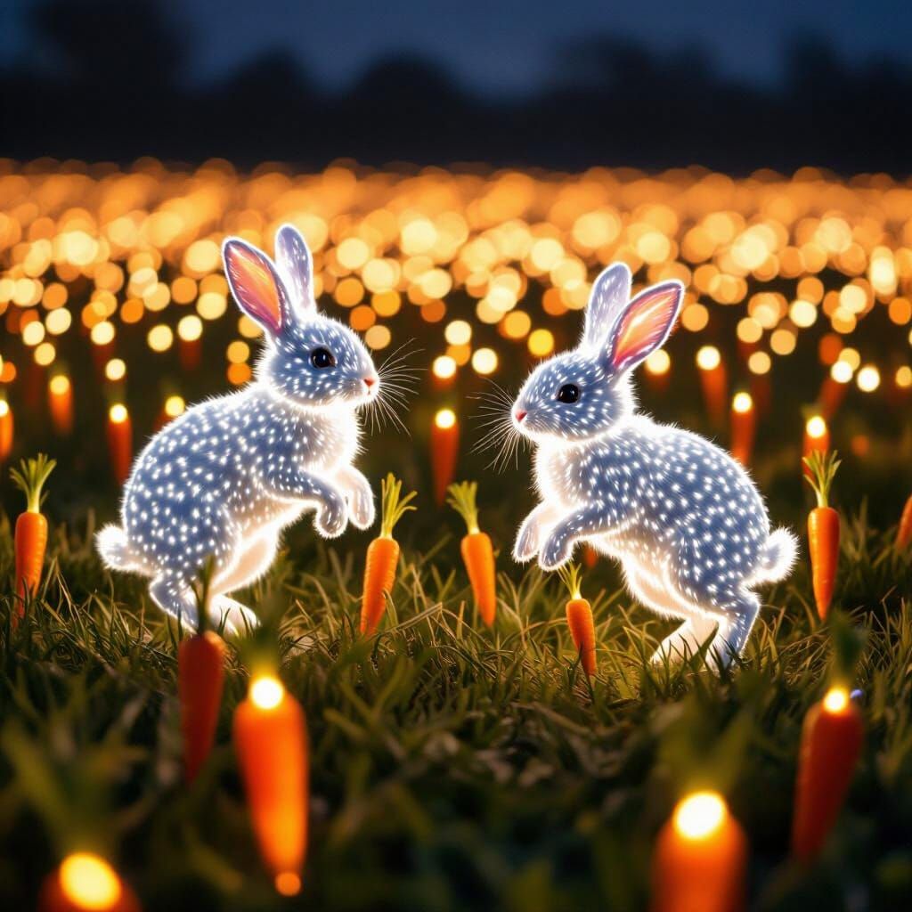 Luminous Bunnies Frolic in Carrot Field at Night