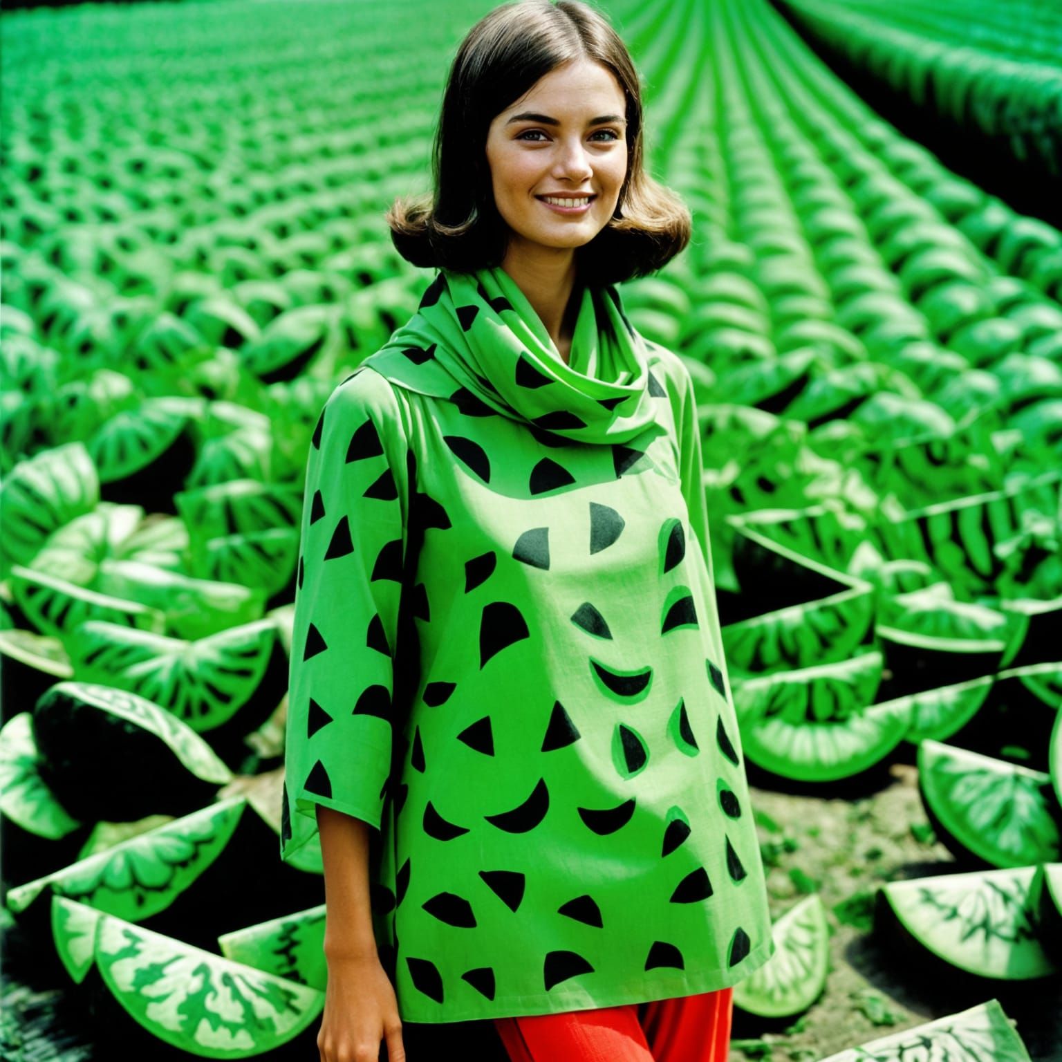 Watermelon Tunic Portrait in 1970s Vogue Style