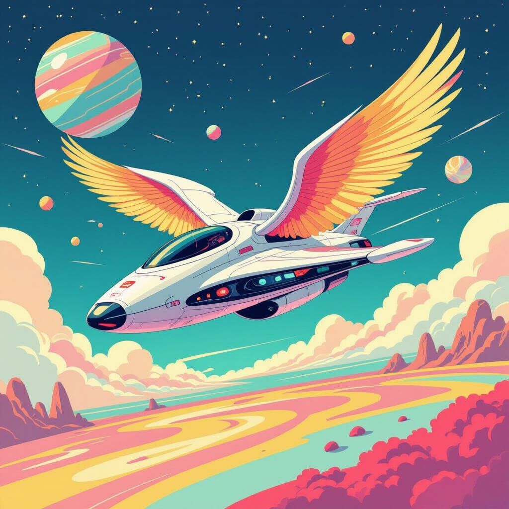 Futuristic Spaceship with Feathery Wings Over Candy Planet
