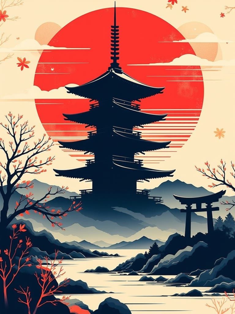Stylized Japanese Landscape in Retro-Futuristic Aesthetic