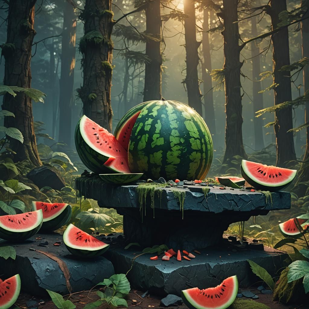 Watermelon in Mystical Forest: Digital Matte Painting