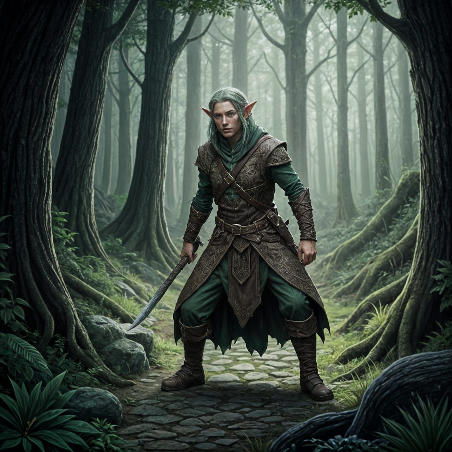 Mysterious Elf Bandit in Midnight Forest