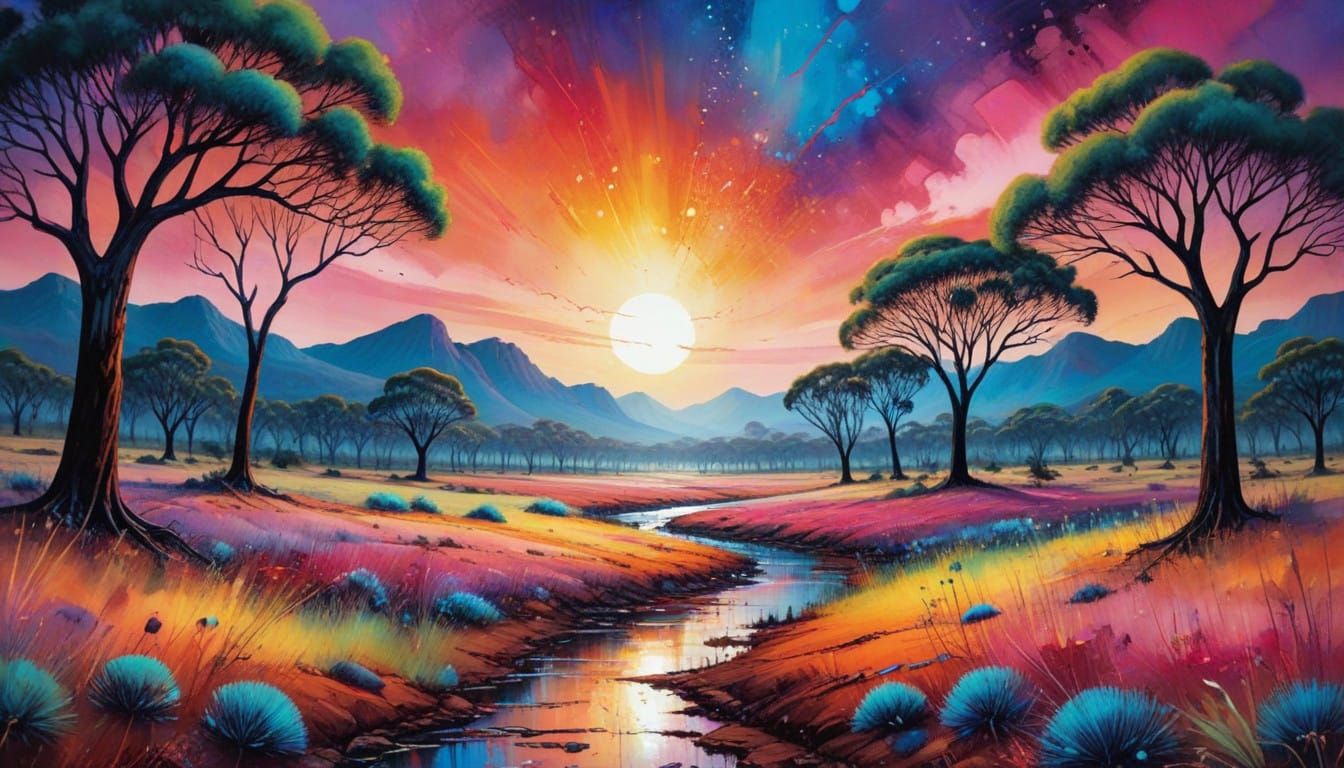 Surreal Australian Sunset with Organic Ink Splatters