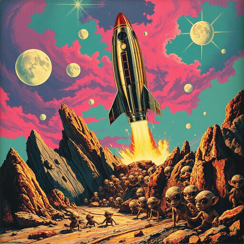 Retro Rocket Ascends from Alien World: Pulp Sci-Fi Art