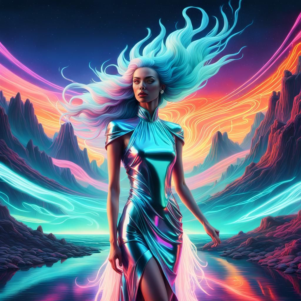 Synthwave Woman in Retro-Futuristic Landscape