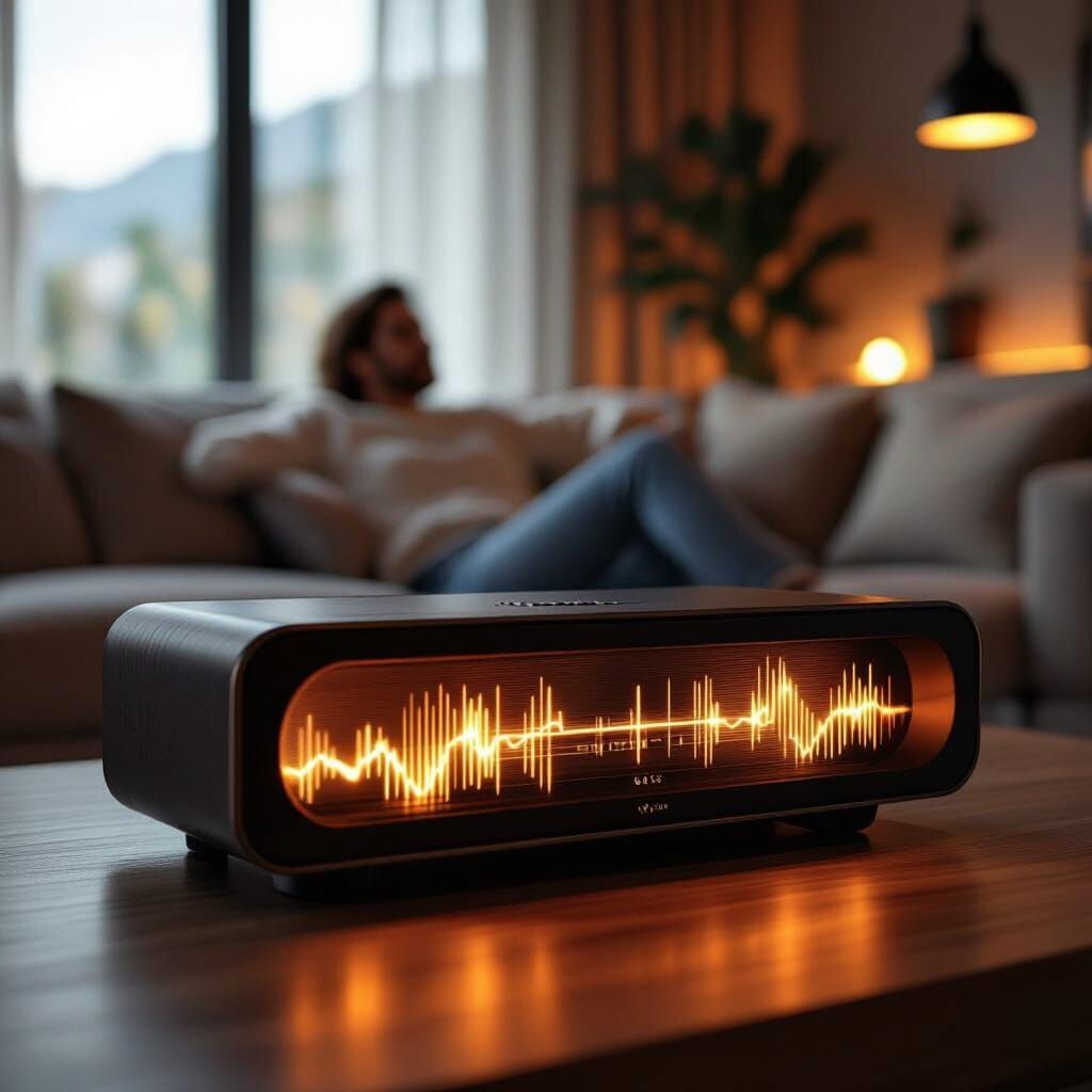 High-Fidelity Speaker Vibrating in Modern Living Room