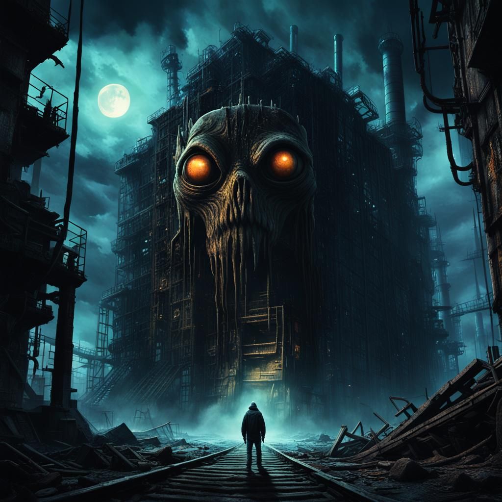 Creepy Creature Emerges from Dark Factory, Surreal Art