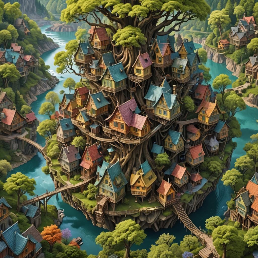 Fantasy Treehouse Village in Deep Forest