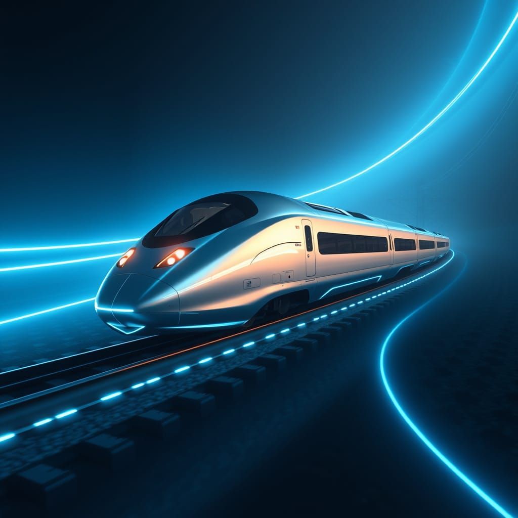 Sleek Futuristic Train Glides Across Neon-Lit Track