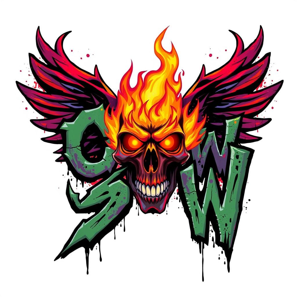 Bold, Distorted CSW Logo in Graffiti Style with Flaming Skul...