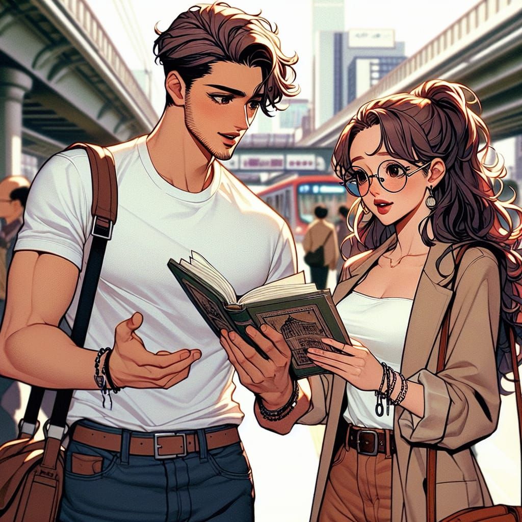 Anime Style Couple Reading in Bustling City
