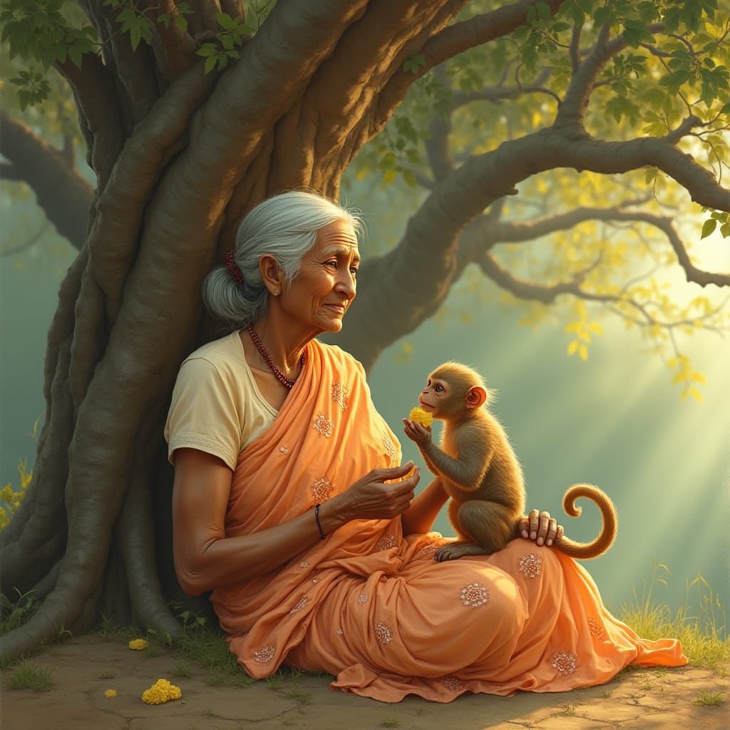 Serene Indian Grandmother Sits Under Ancient Banyan Tree wit...