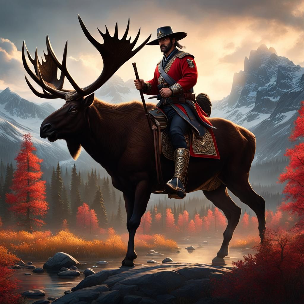 Samurai Mountie Riding a Moose, Detailed Matte Painting