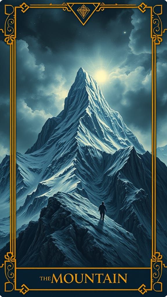 Create a Lenormand card featuring "The Mountain" in an oil p...