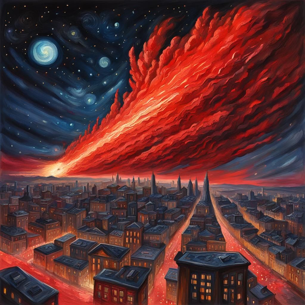 Red Comet Over City in Gouache Impressionist Style