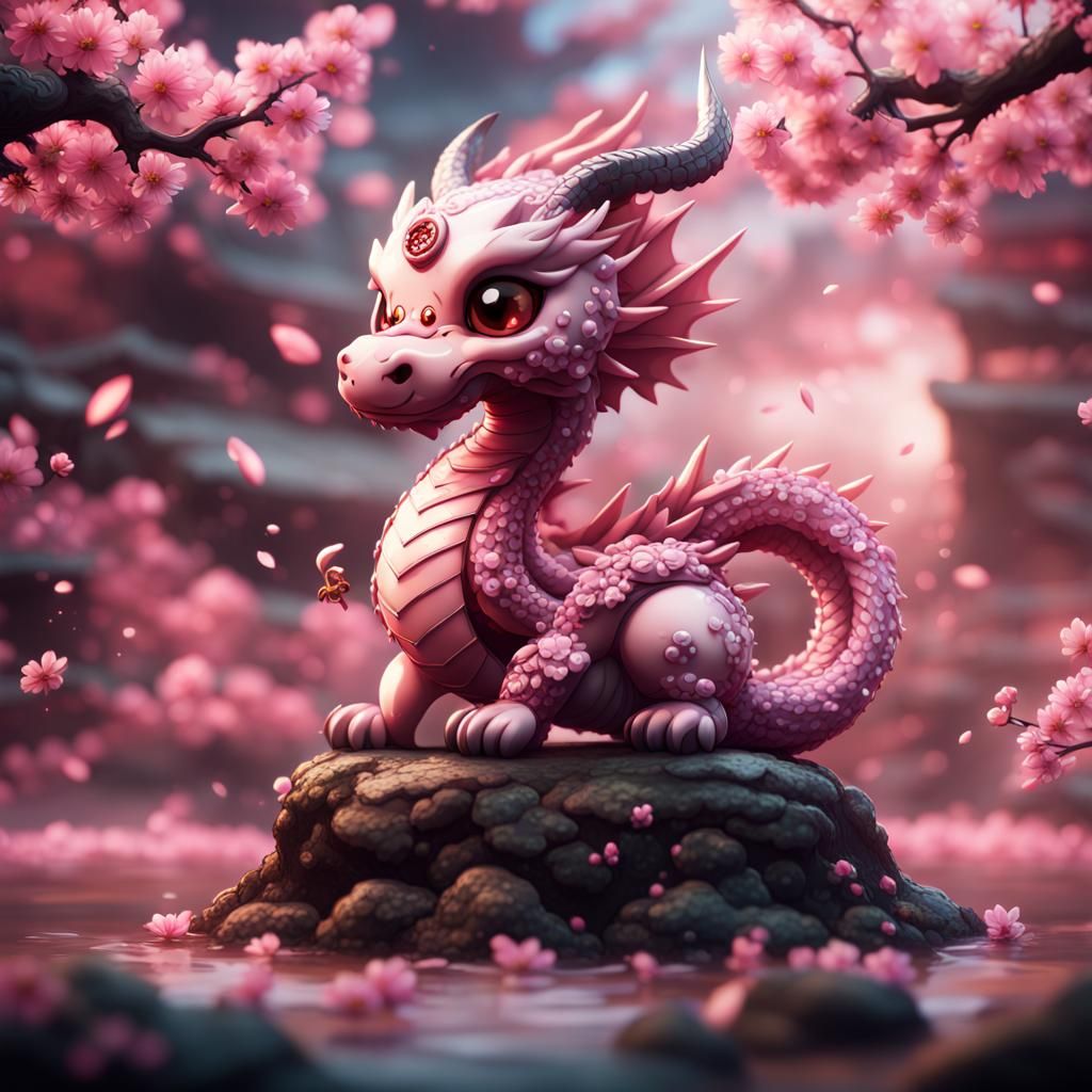 Chibi Cherry Blossom Dragon: Detailed Matte Painting