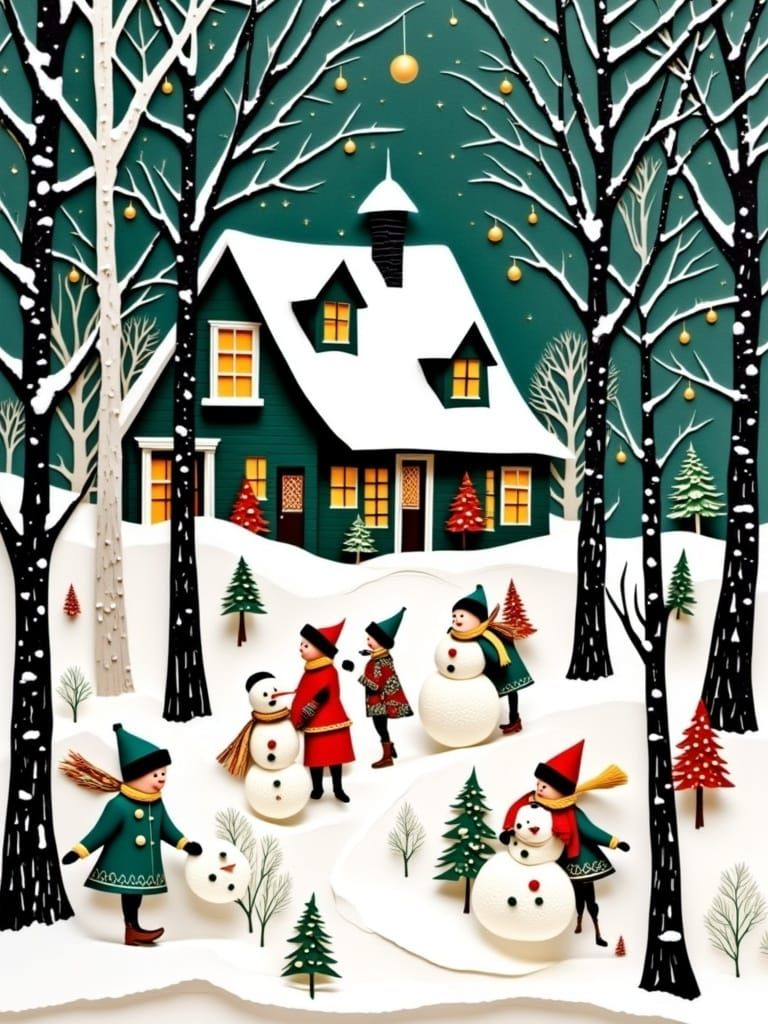Vintage Christmas Card Winter Scene Illustration