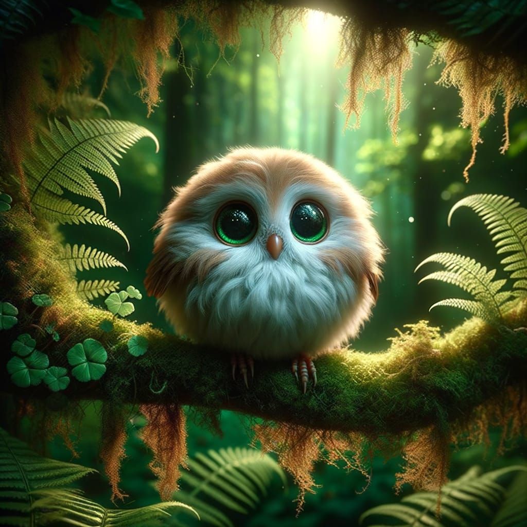 Adorable Fluffy Bird Creature in Enchanted Forest